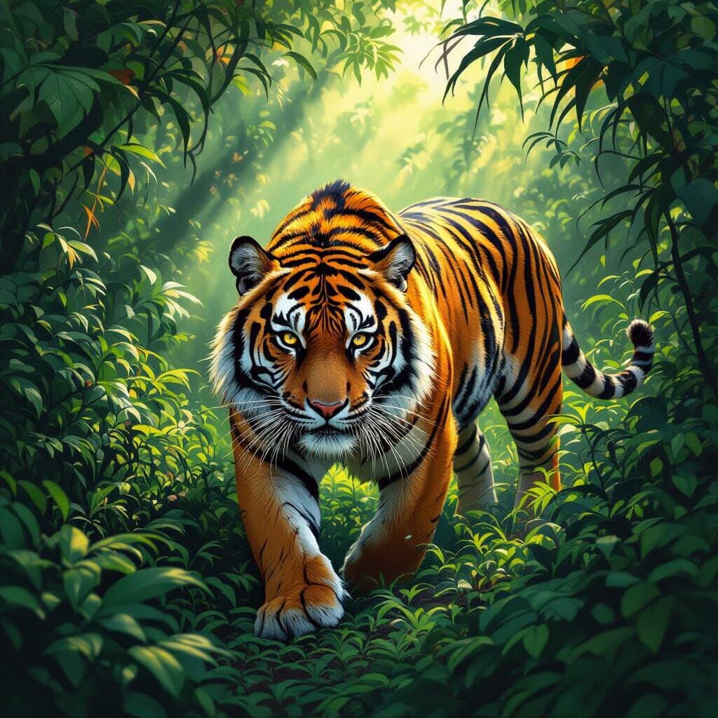 Bengal Tiger Prowling Through Emerald Rainforest