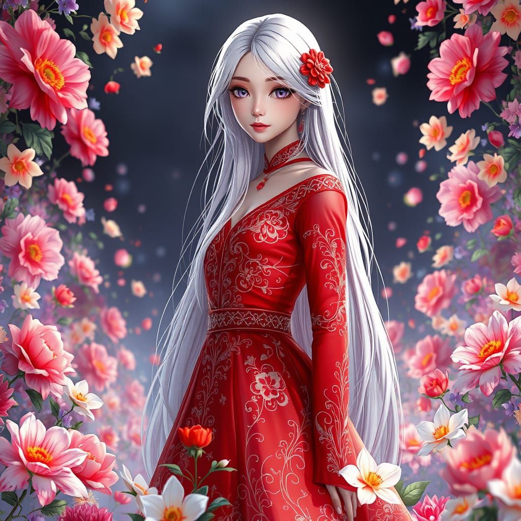 Anime Style Woman in Red Gown with Flowers