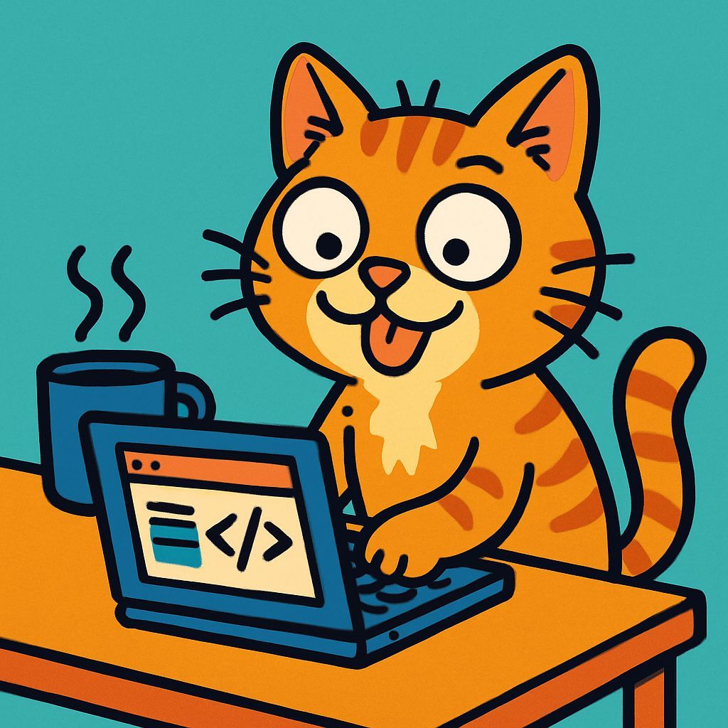 Cute Derpy Cat Web Developer in Cel-Shaded Cartoon