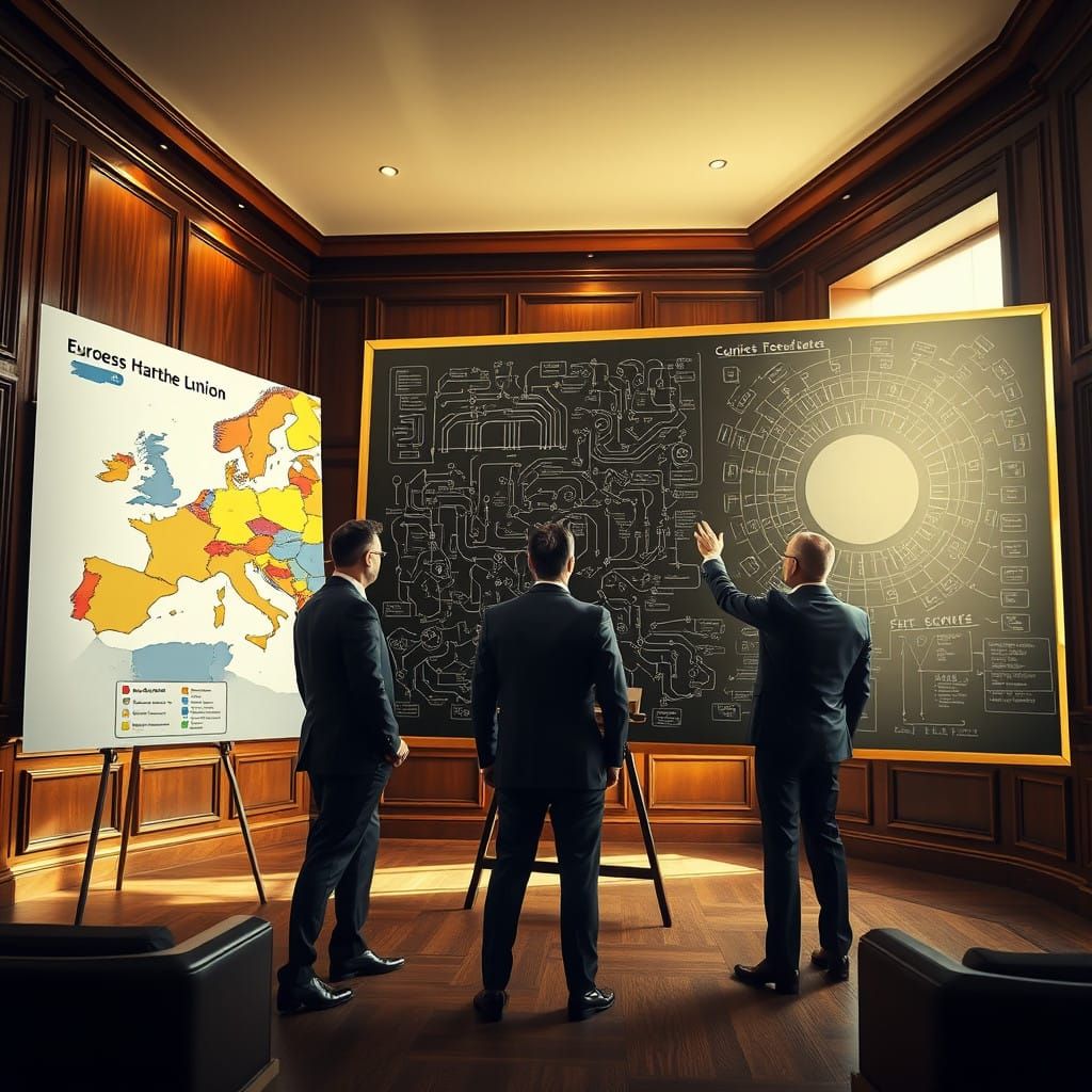 Elegant Businessmen in a Futuristic, High-Stakes Finance Boa...