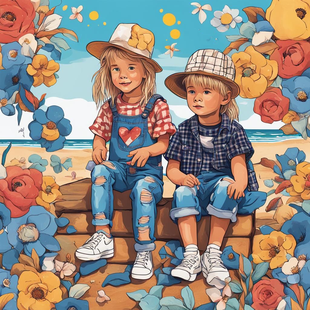 90's Fashion Beach Scene with Children in Digital Art