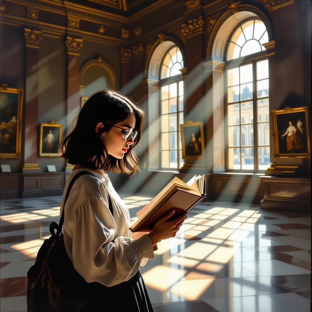 Teenage Girl Reads in Sunlit Museum, Dutch Masters Style