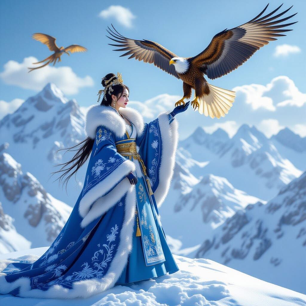 Princess and Eagle on Snowy Peak: Hyperrealistic