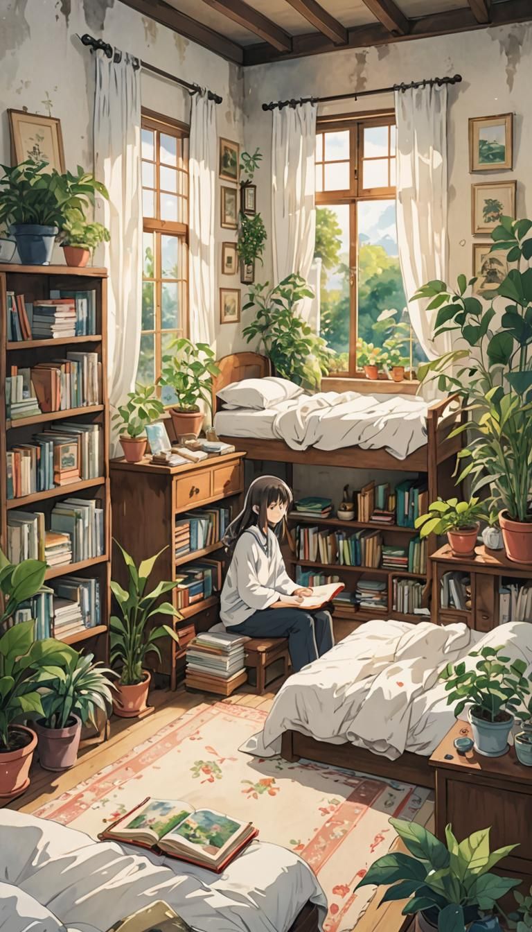 Cozy Anime Bedroom with Storybooks and Plants