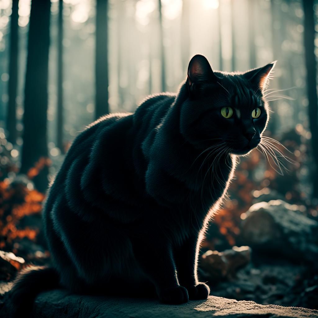 Dramatic Black Cat in Cinematic Film Still