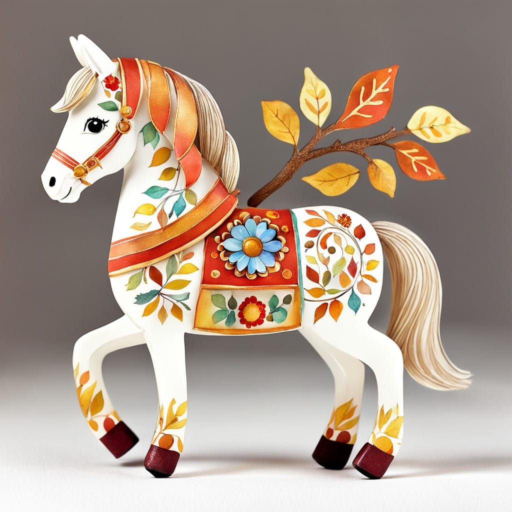 Delicate Autumn Toy Horse in Whimsical Watercolor