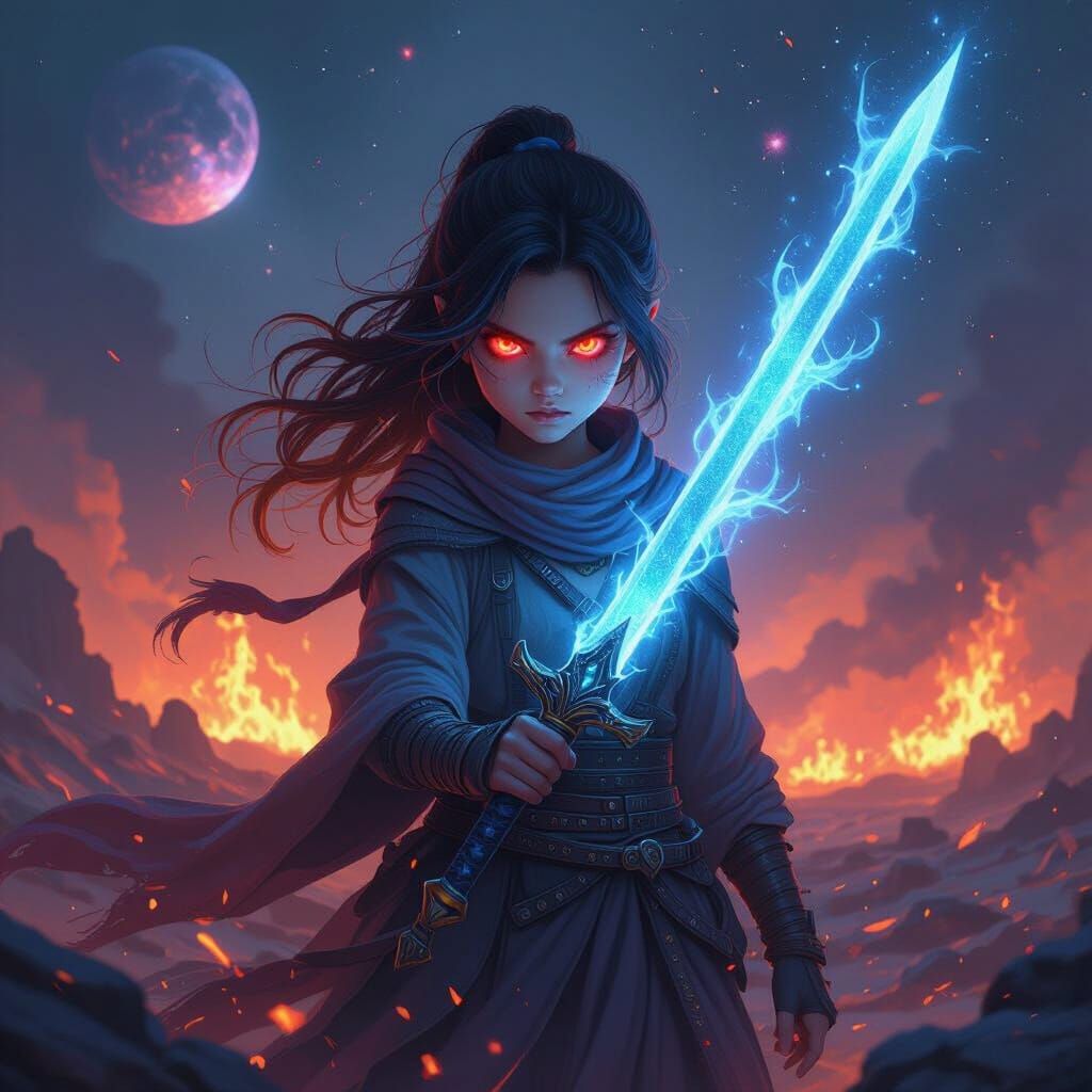 Cosmic Warrior in Burning Landscape, Digital Art