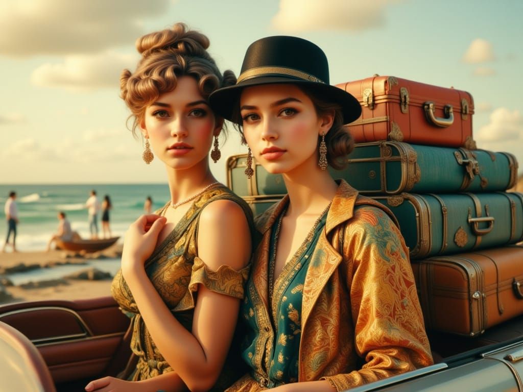 Stylish Women Take Convertible to Seaside, Fantasy Art