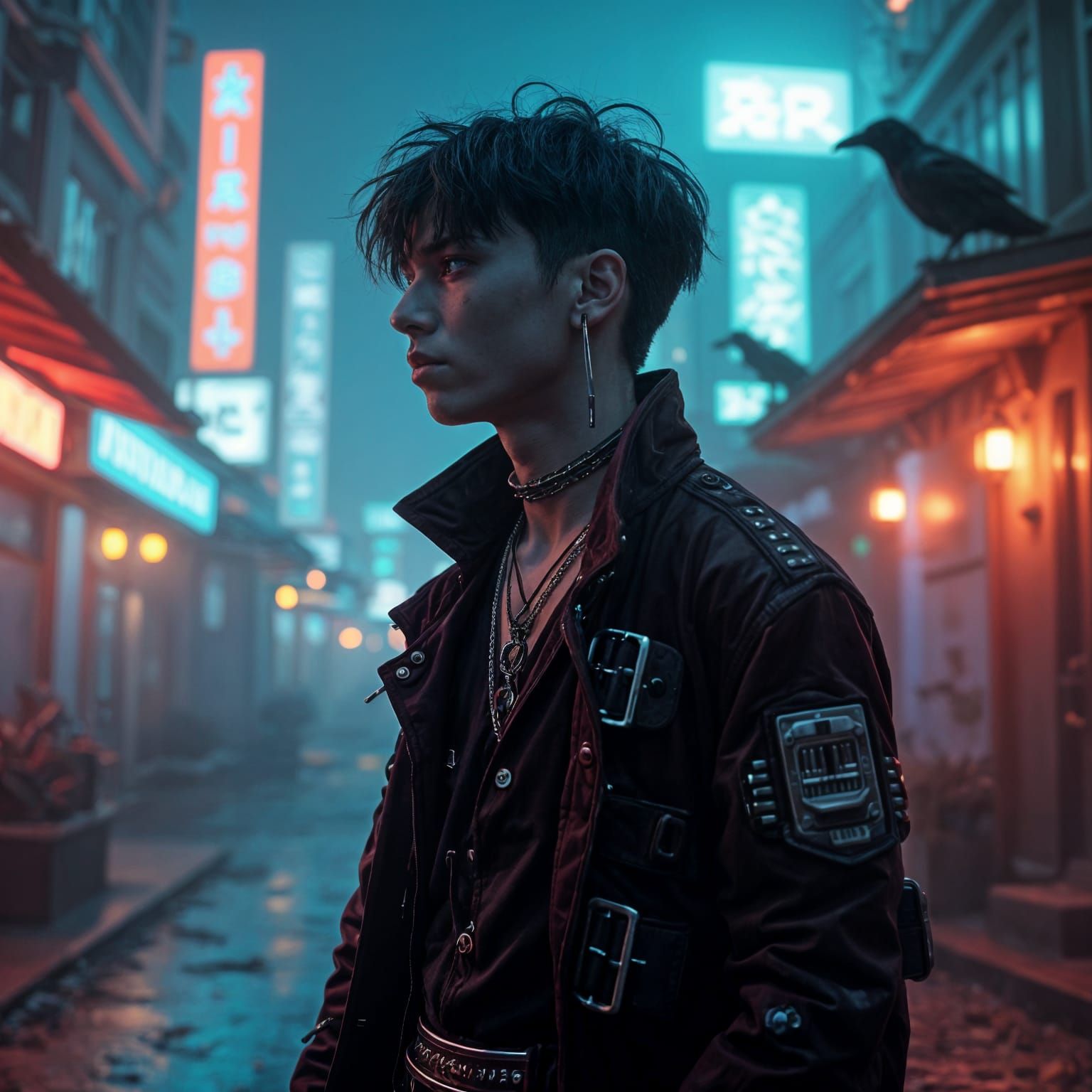 Cybergoth Young Man in Neon Cityscape