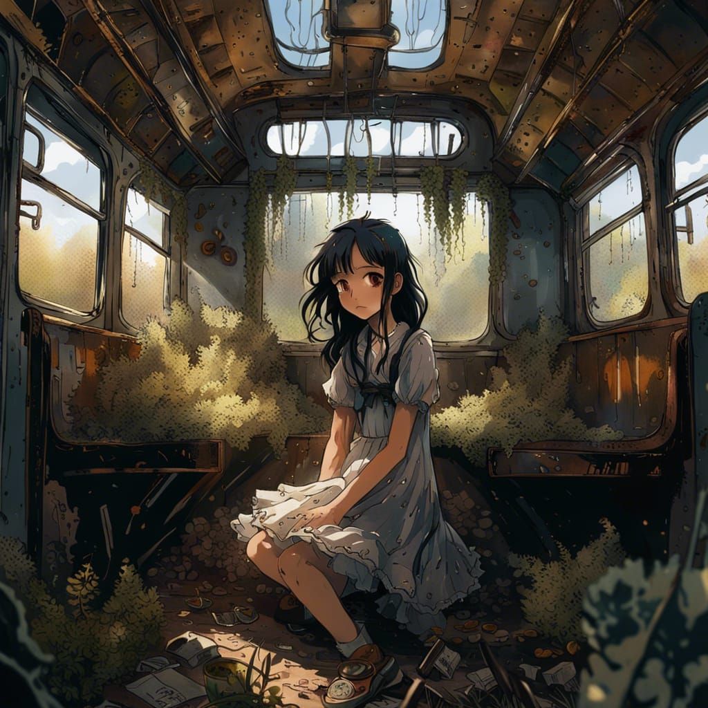 Anime-Style Woman in Abandoned Train
