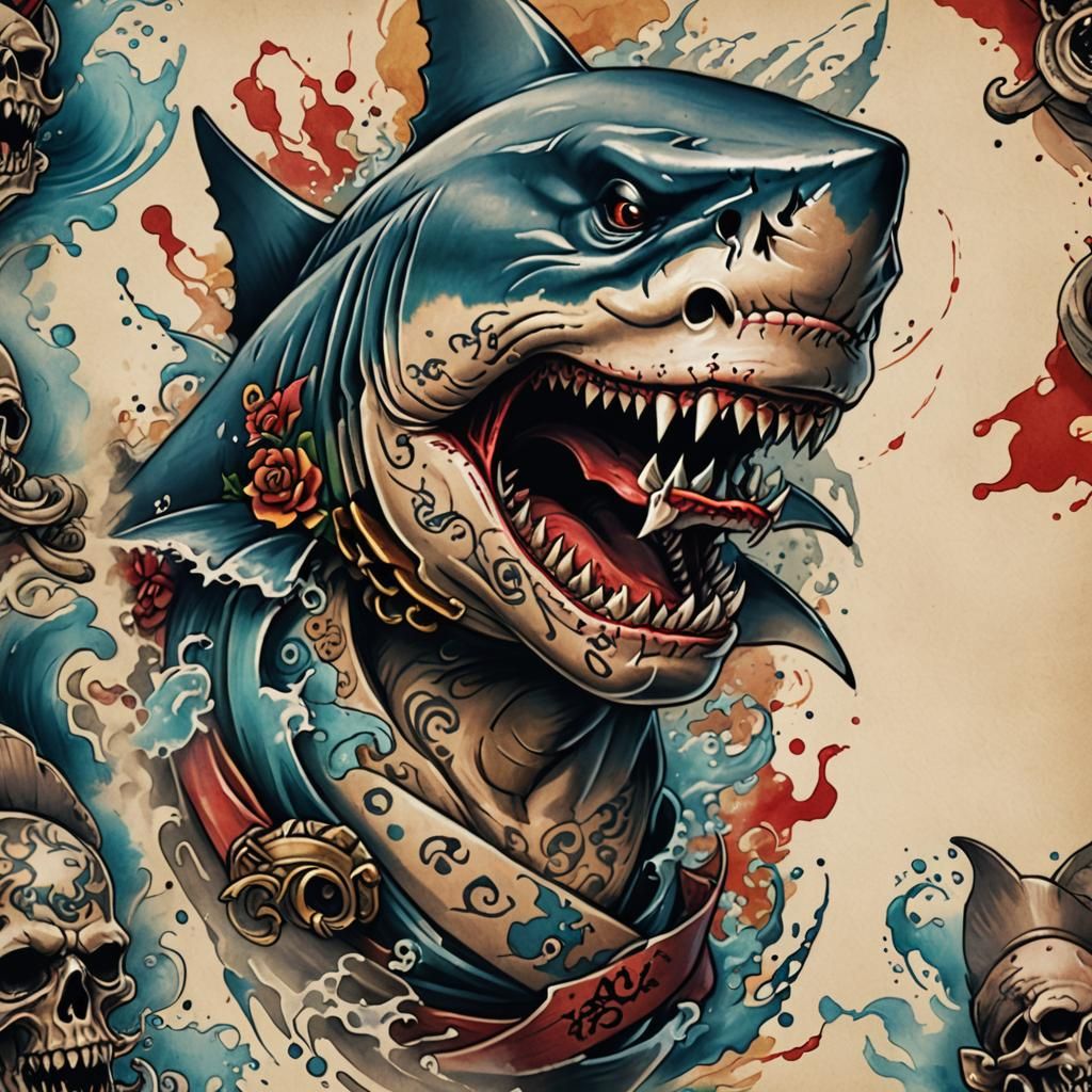 China Ink Shark Tattoo in Pirate Style