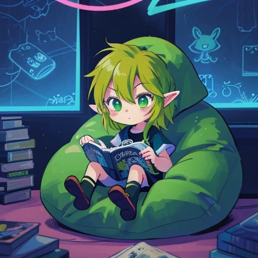 Chibi Link Relaxing in Sci-Fi Anime Style