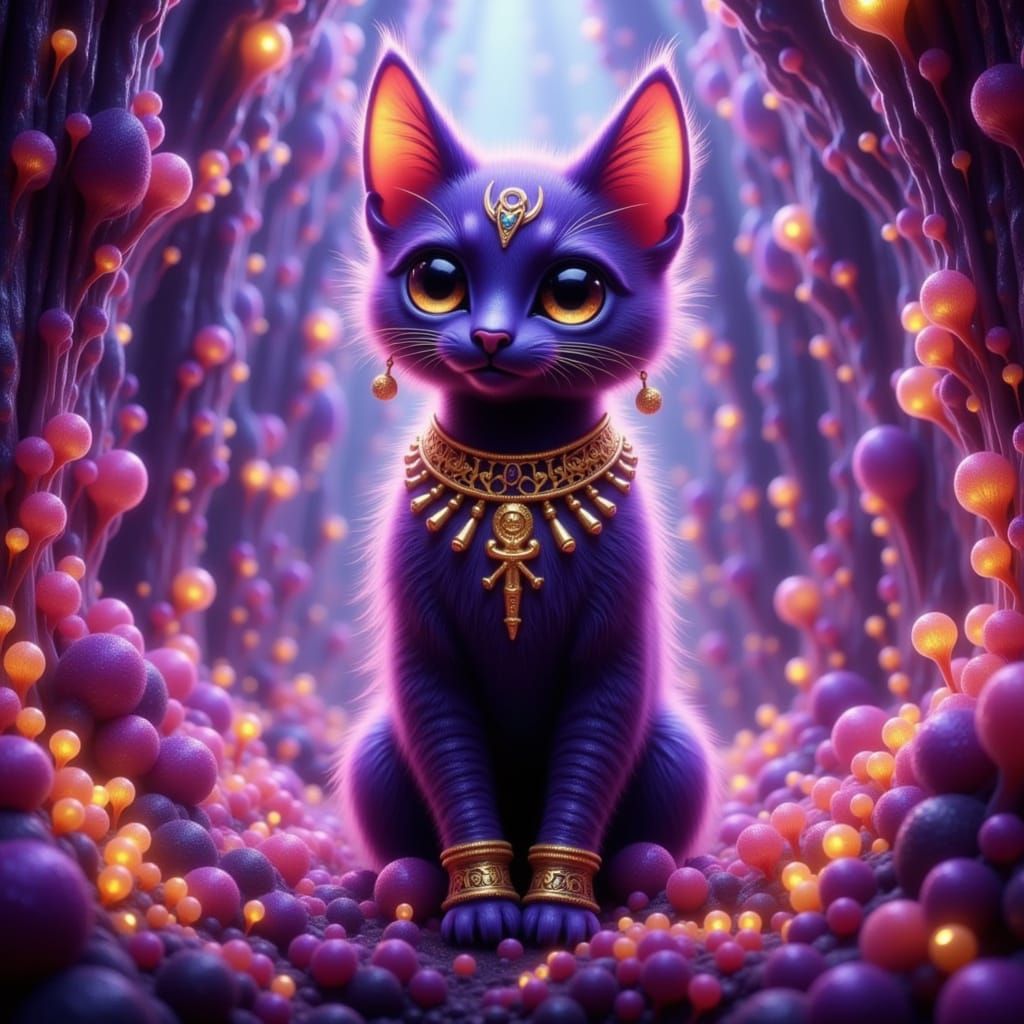 Majestic Bastet Cat with Shimmering Hieroglyphics