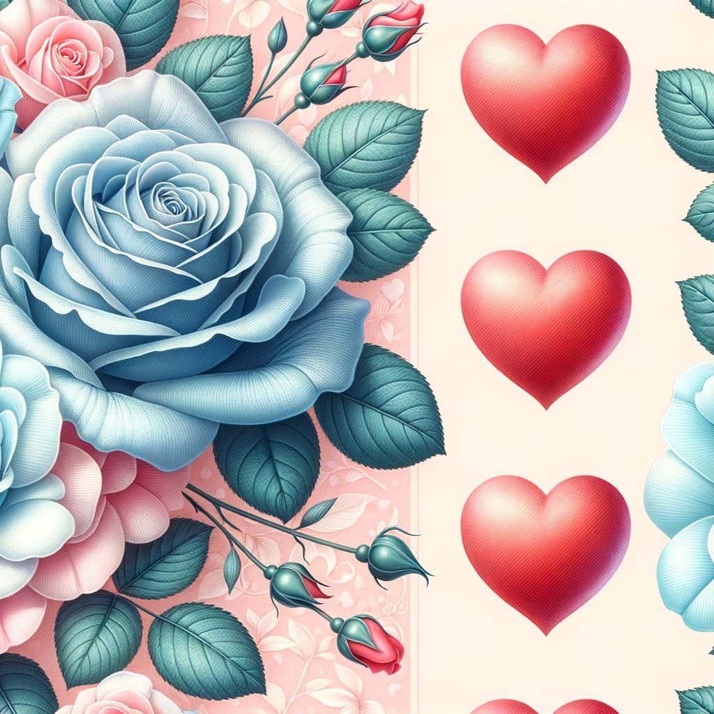 Pastel Pattern of Blue Roses and Valentine Hearts