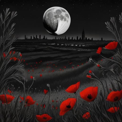 London Poppy Field: Selective Color Ink Sketch