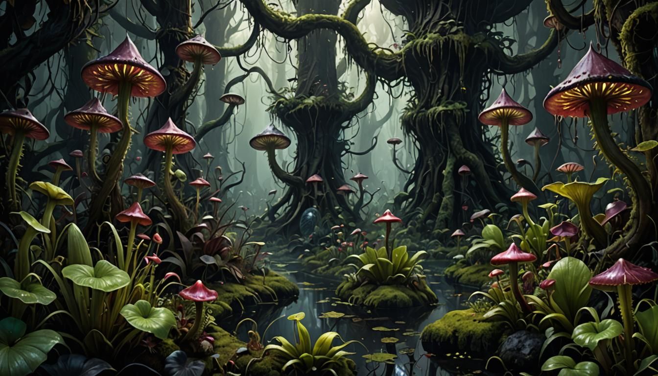 Dark Magical Forest with Carnivorous Plants