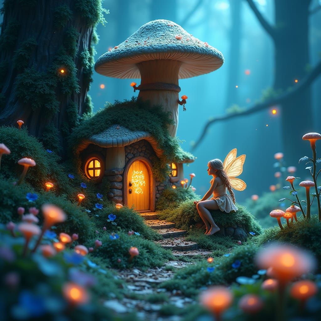 Enchanted Fairy House in Bioluminescent Forest