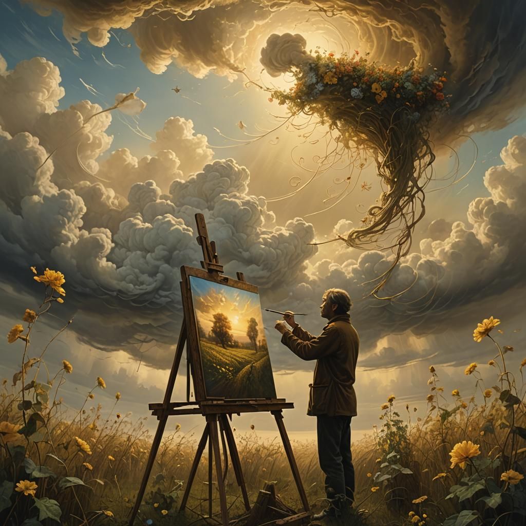 Artist Painting the Wind in Beksiński Style
