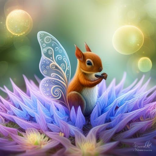 Glowing Fairy Squirrel on Giant Blue Flower
