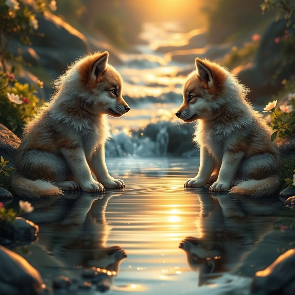 Wolf Puppies Gaze into River Reflection in Whimsical Fantasy...