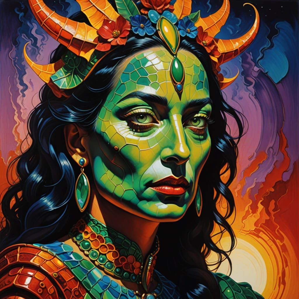 Reptilian Goddess in Vibrant Sunset Colors