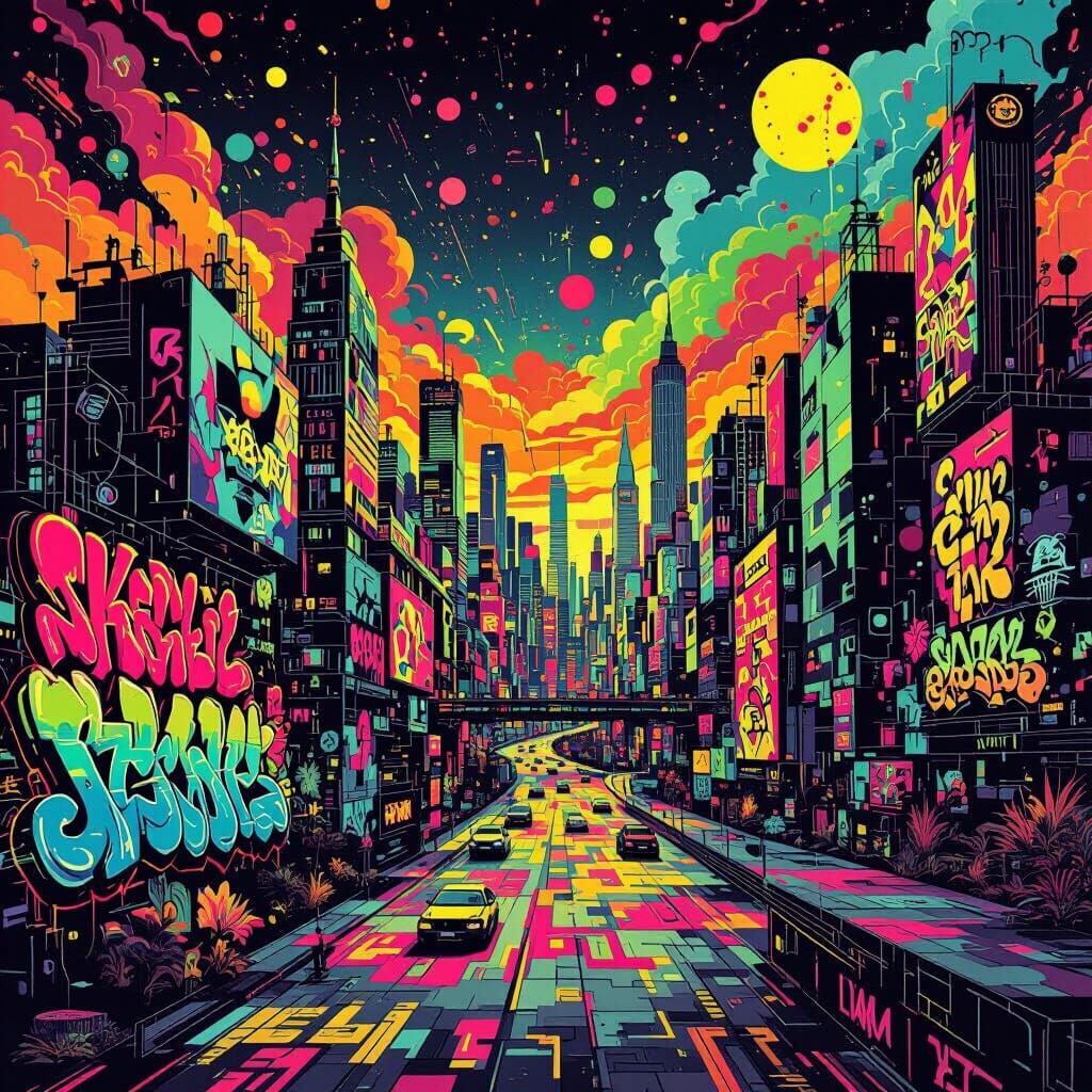 Vibrant Musical Cityscape in Brainrot Style