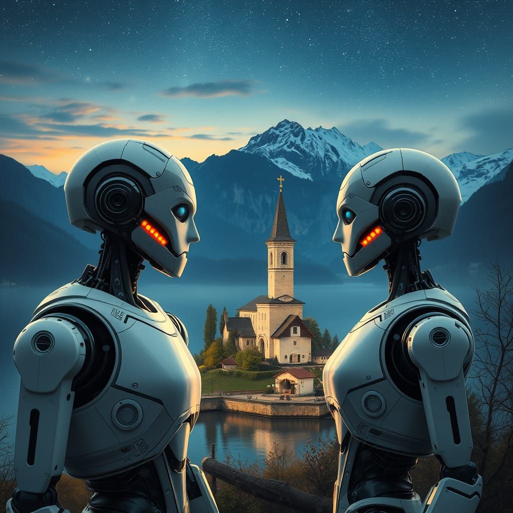 Humanoid Robots in Idyllic Landscape