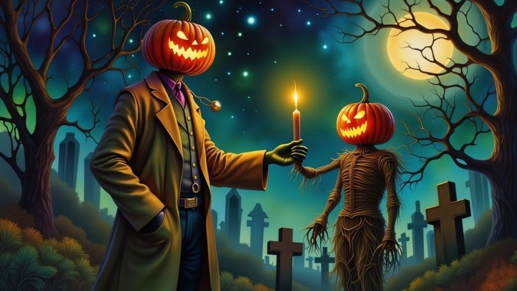 Eerie Doctor Offers Light in Graveyard: Surreal Scene