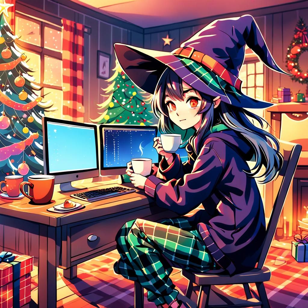 Cinematic Anime Witch Woman Sips Tea by Christmas Tree
