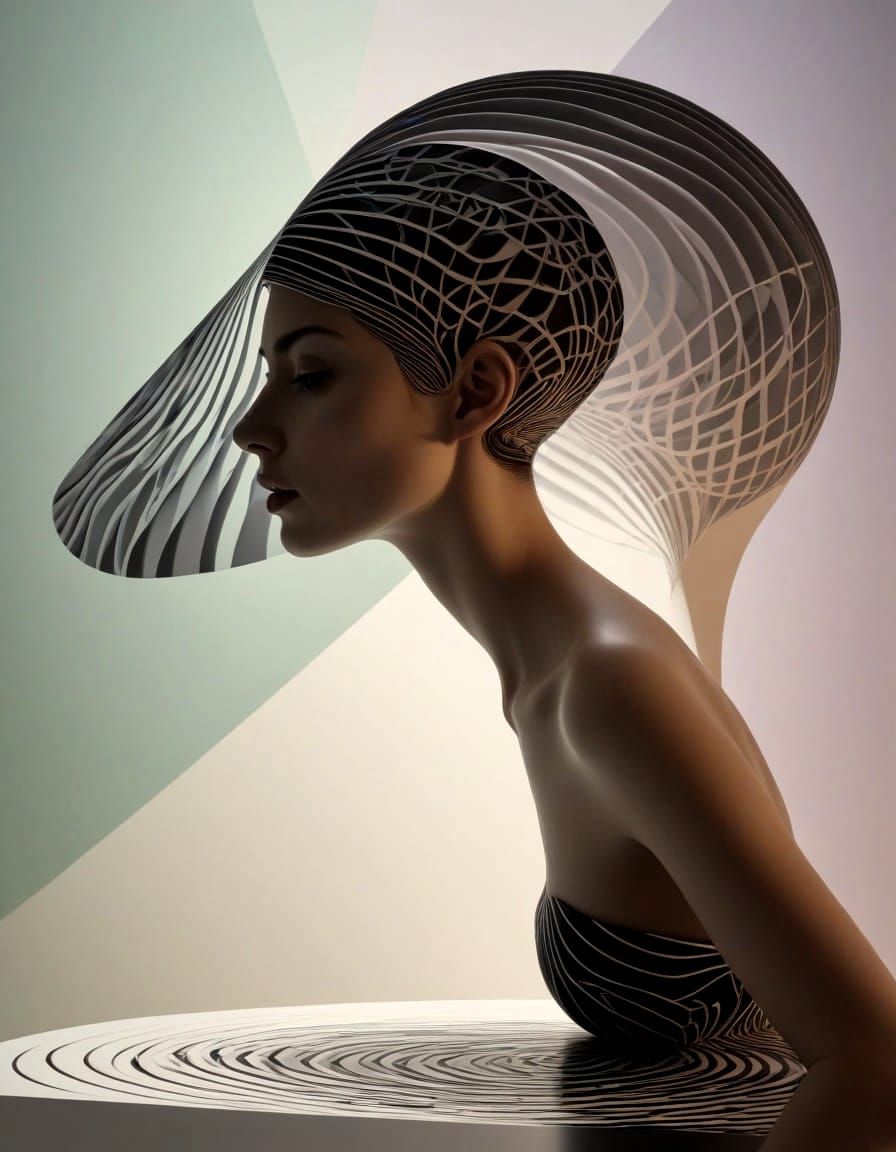 3D Embossed Calligram of a Painted Woman in Shadow