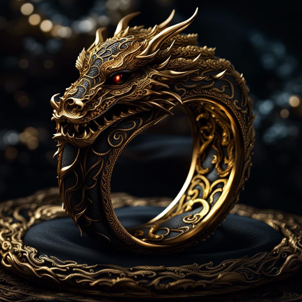 Ornate Gold Dragon Ring on Velvet Pillow