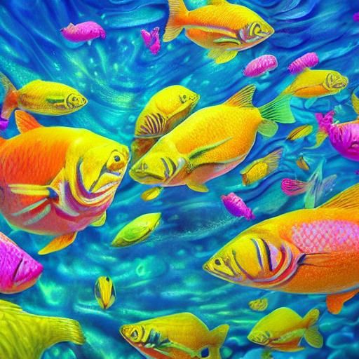 Pink Fish and Yellow Submarine in Surrealist Style