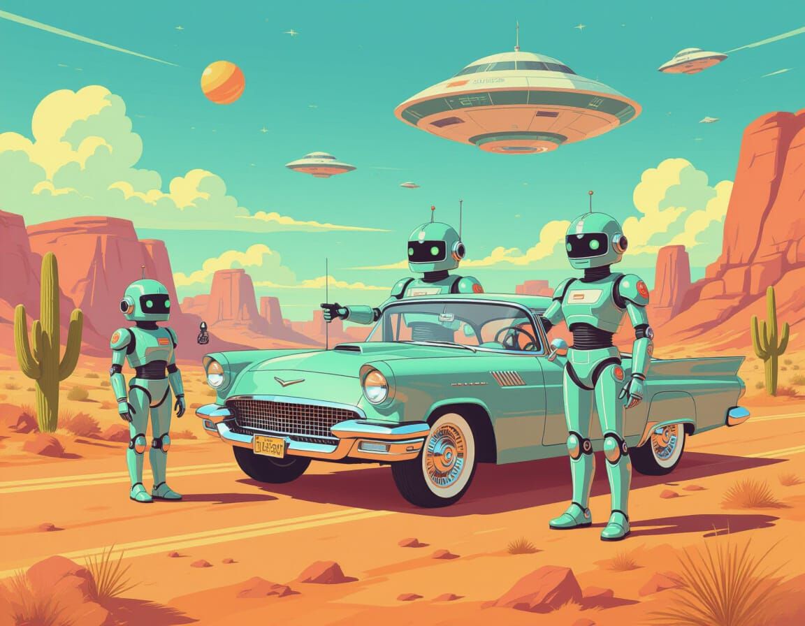 Retro-Futuristic Robots and Officers in Desert Landscape
