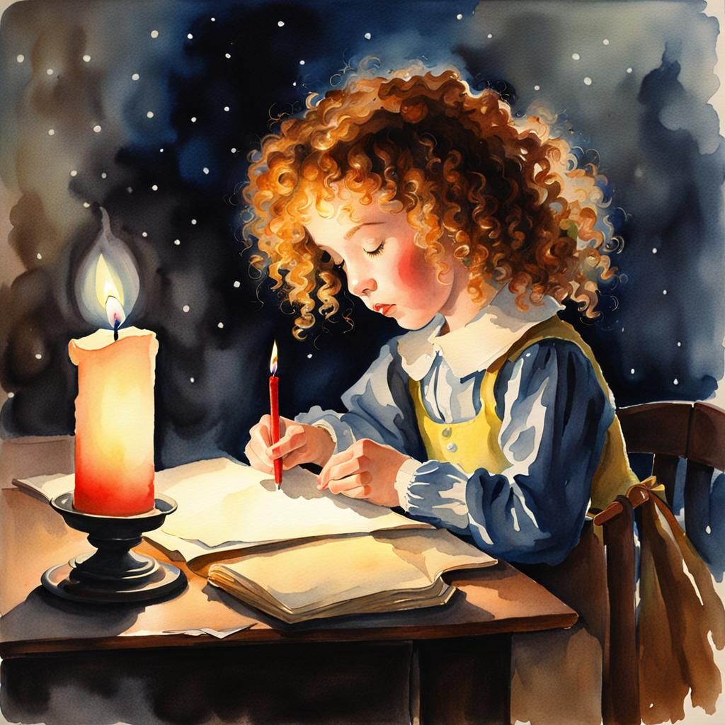 Girl Writes Letter by Candlelight in Watercolour
