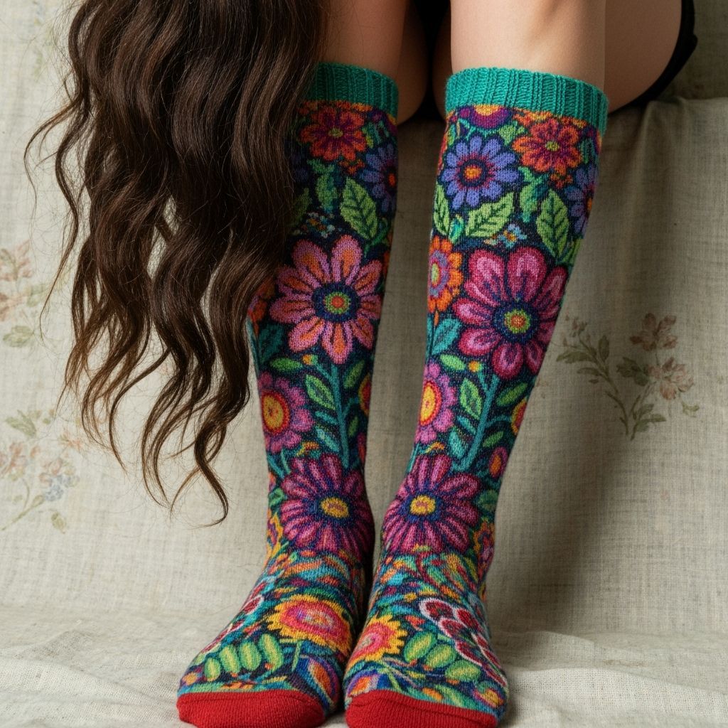Handmade Hippie Flower Socks in Folk Art Style