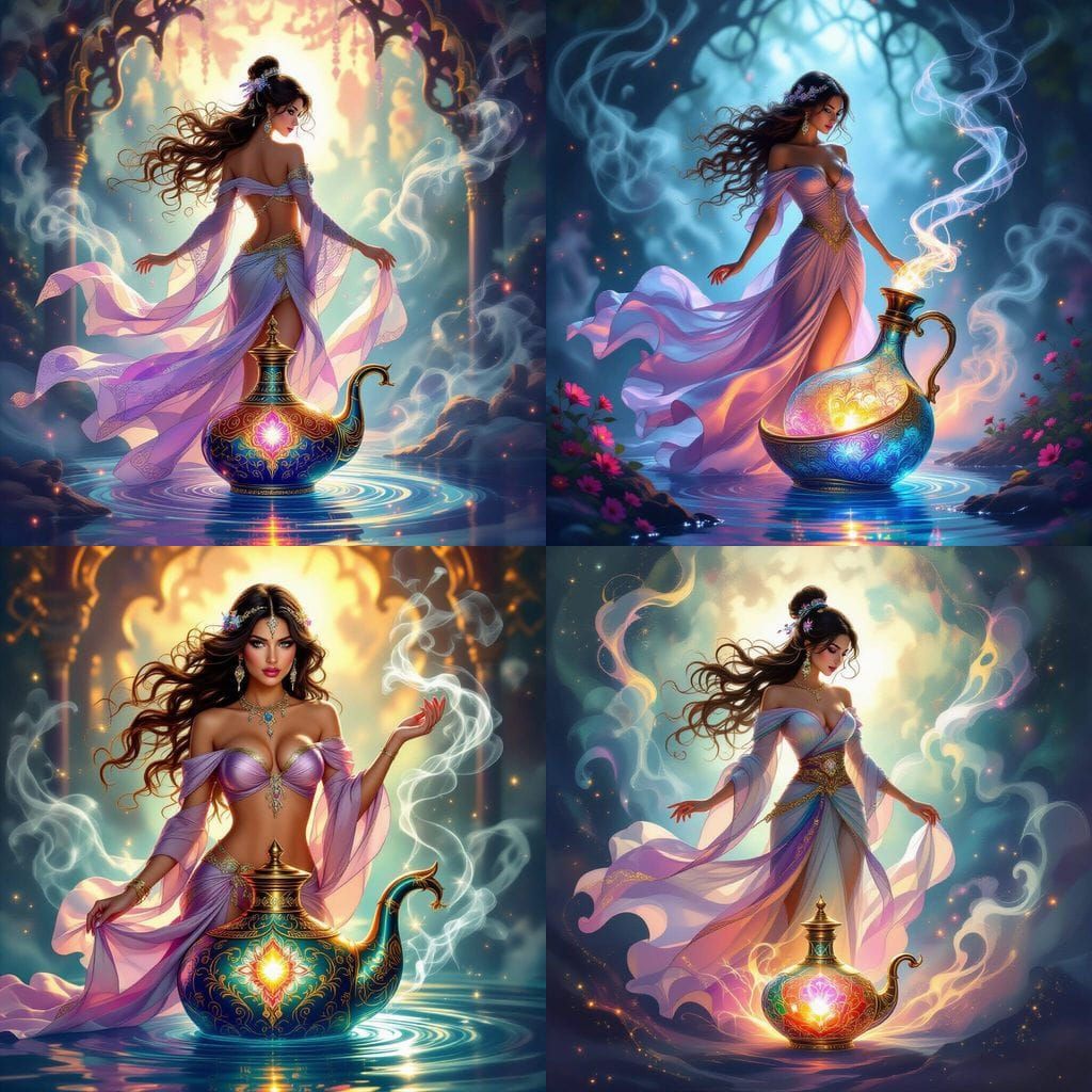 Beautiful Woman Emerges from Jeweled Genie Bottle in Fantasy...