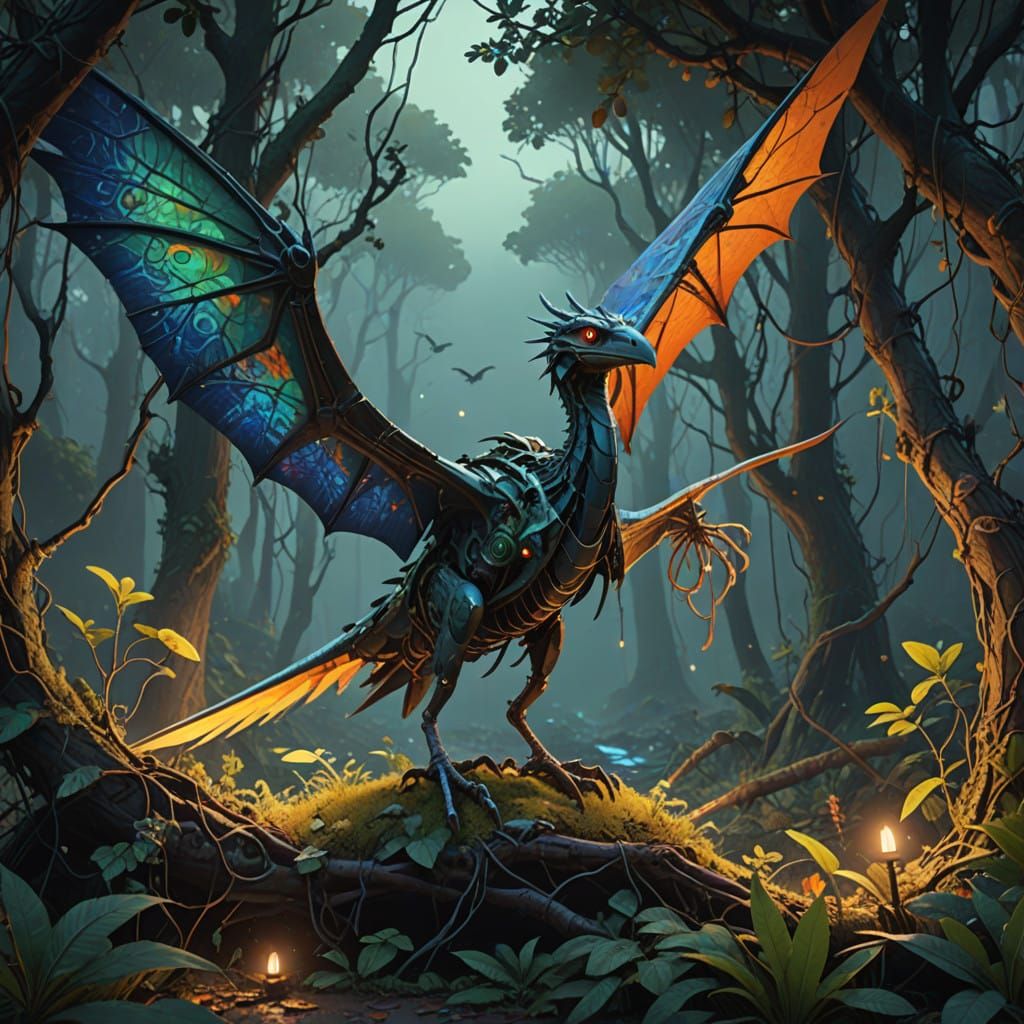 Mystical Pterodactyl Nest in Iridescent Jungle