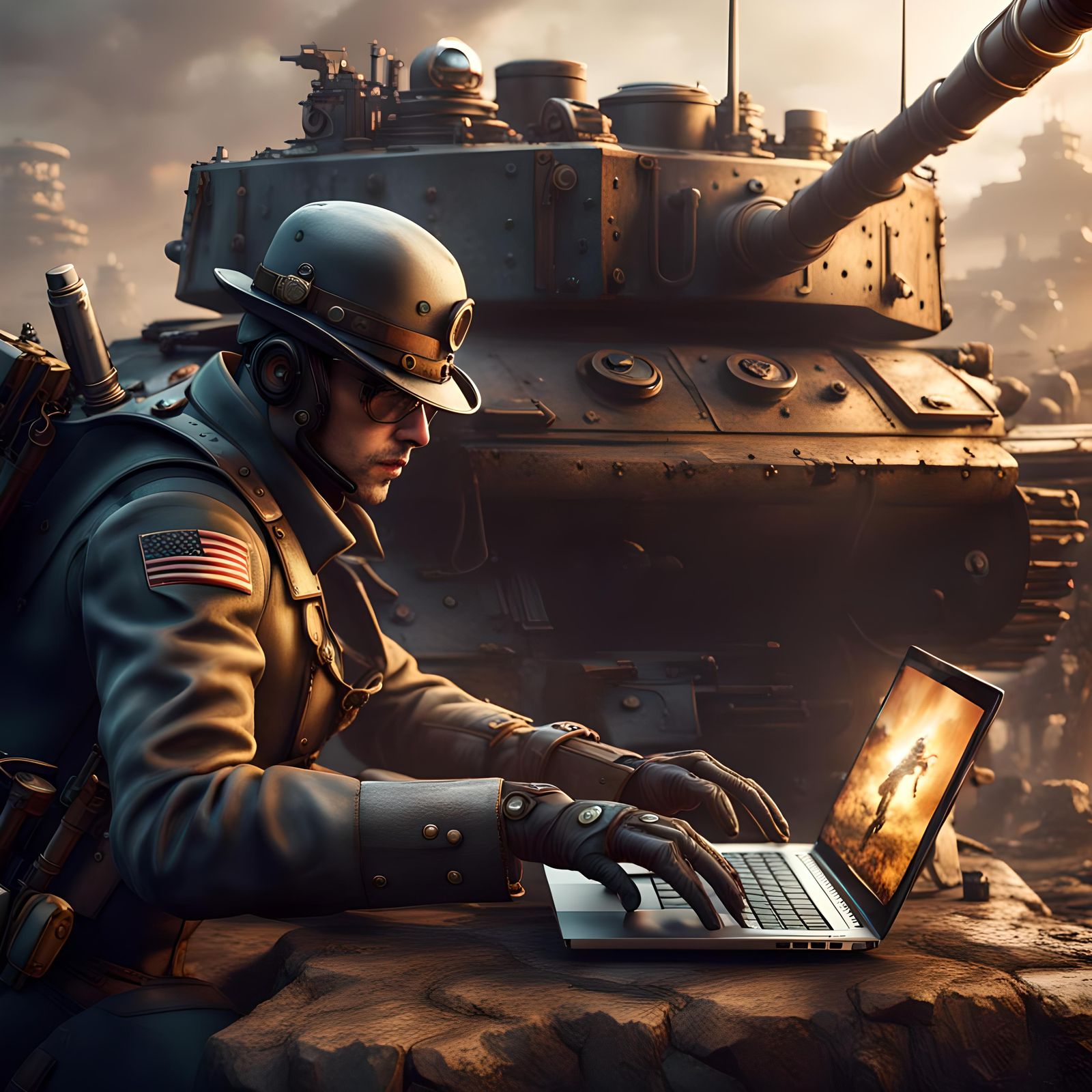 Steampunk Soldier Hacking Tank in Detailed Matte Painting