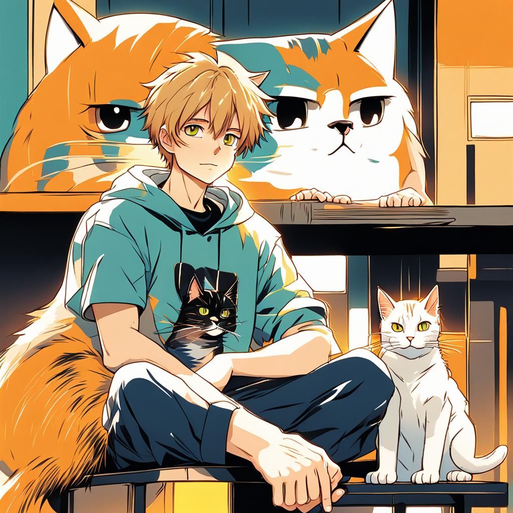 Boy and Cat in Stylized Anime Art