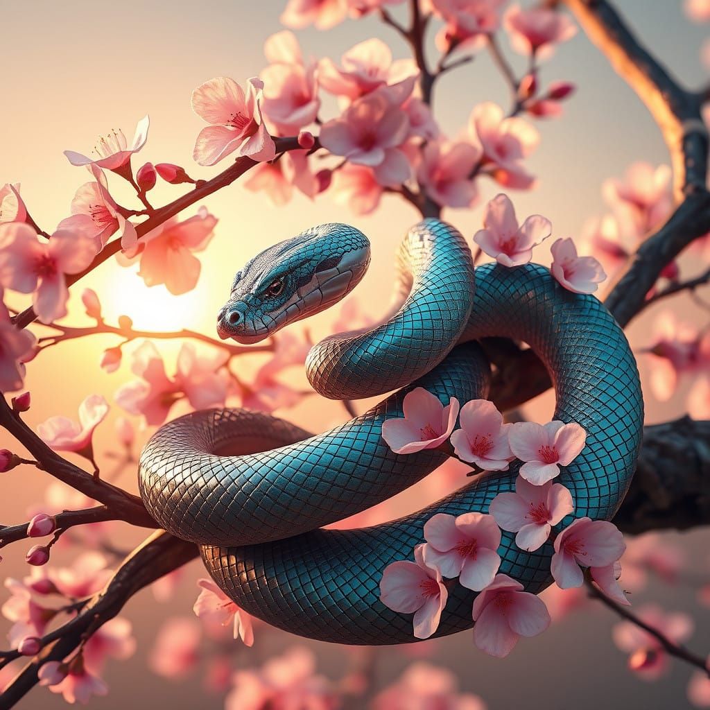 Chinese Snake Embodied in Cherry Blossom