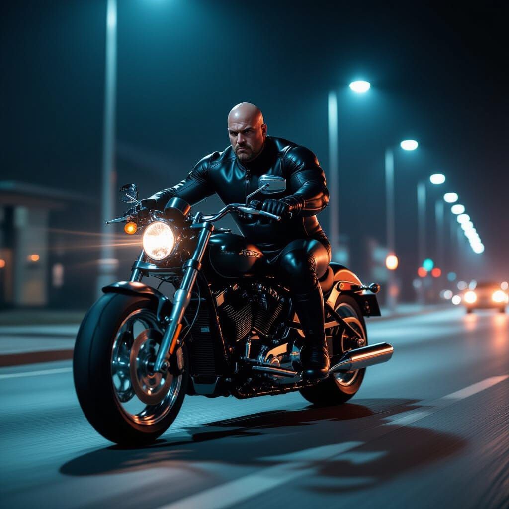 Muscular Man in Catsuit Rides Motorcycle in Urban Night