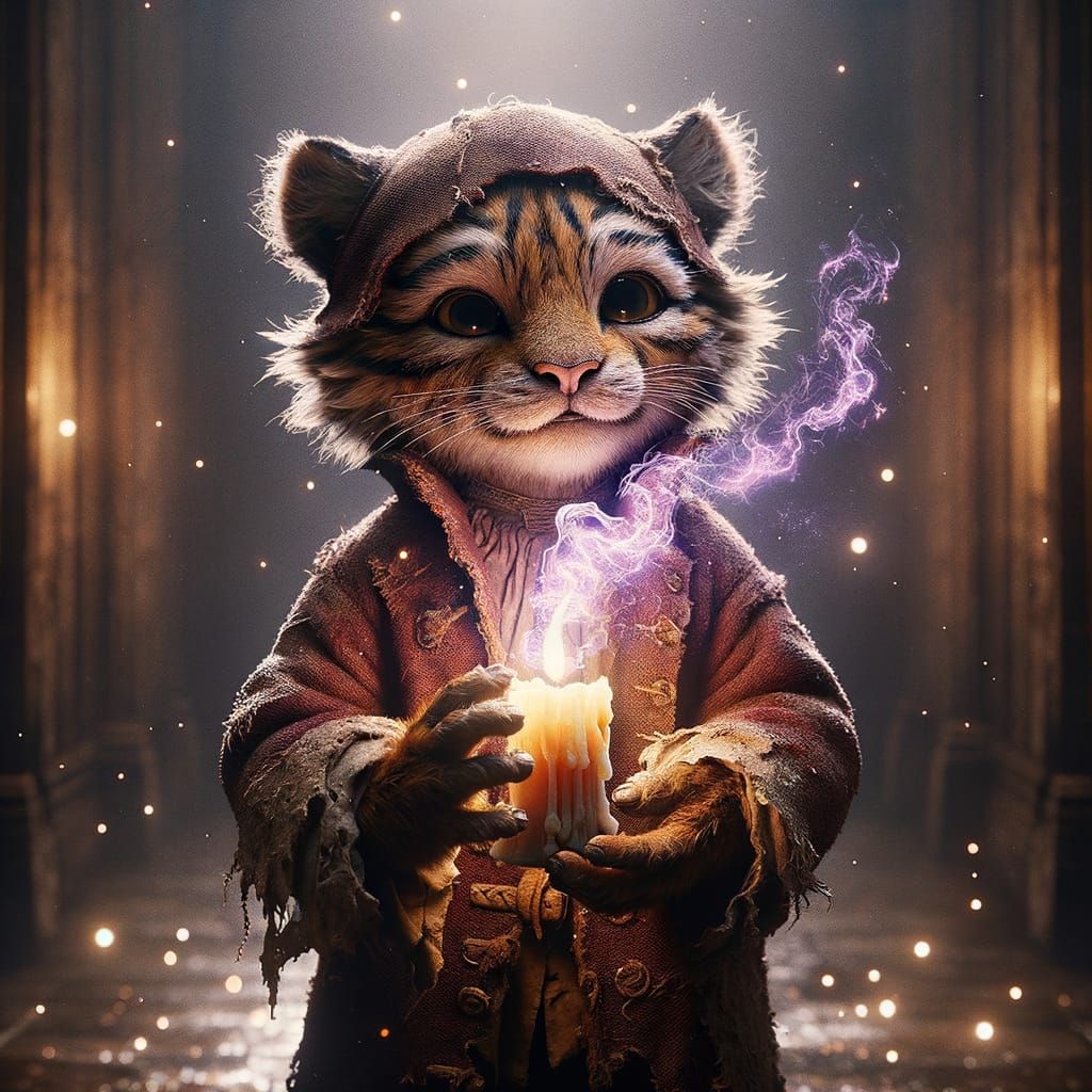 Cute Tiger Peasant Holds Magical Purple Energy Candle