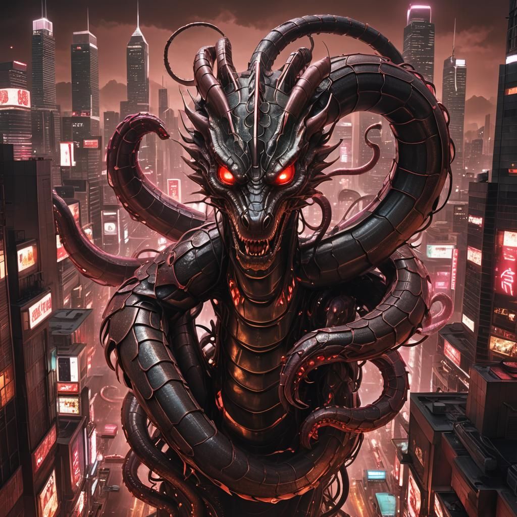 Cyberpunk Serpent Over Dystopian City in Ultra HD