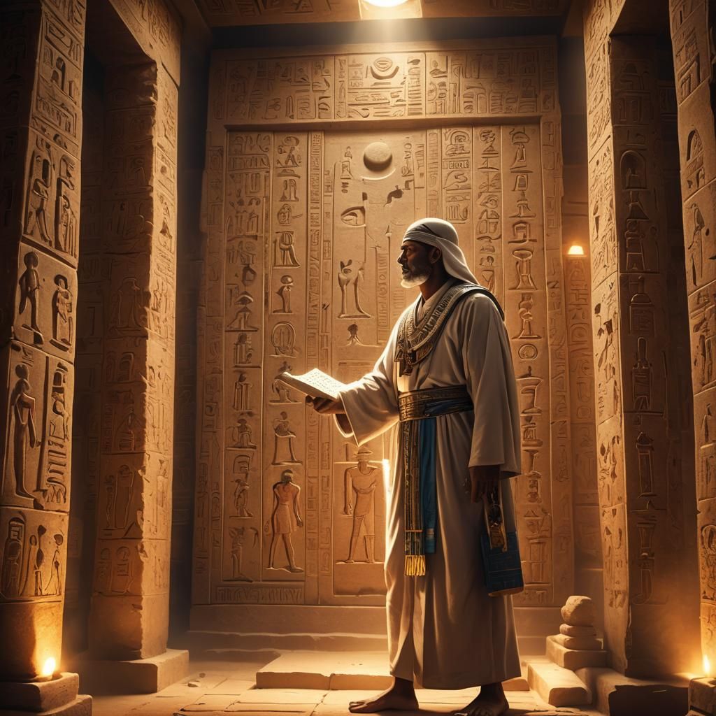 Egyptian Priest Holding Stele in Mystical Temple
