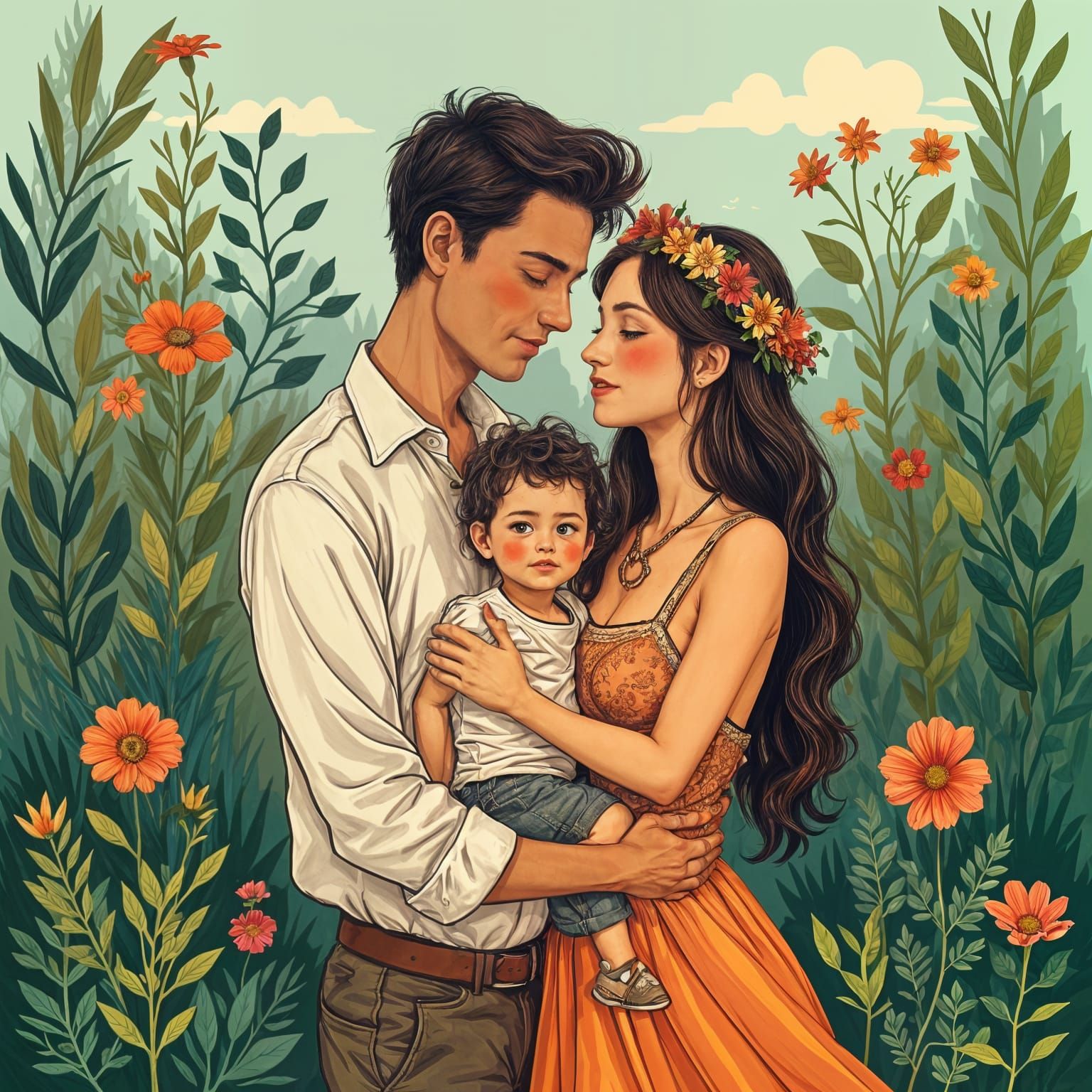 European Family Portrait in Bohemian Cartoon Style