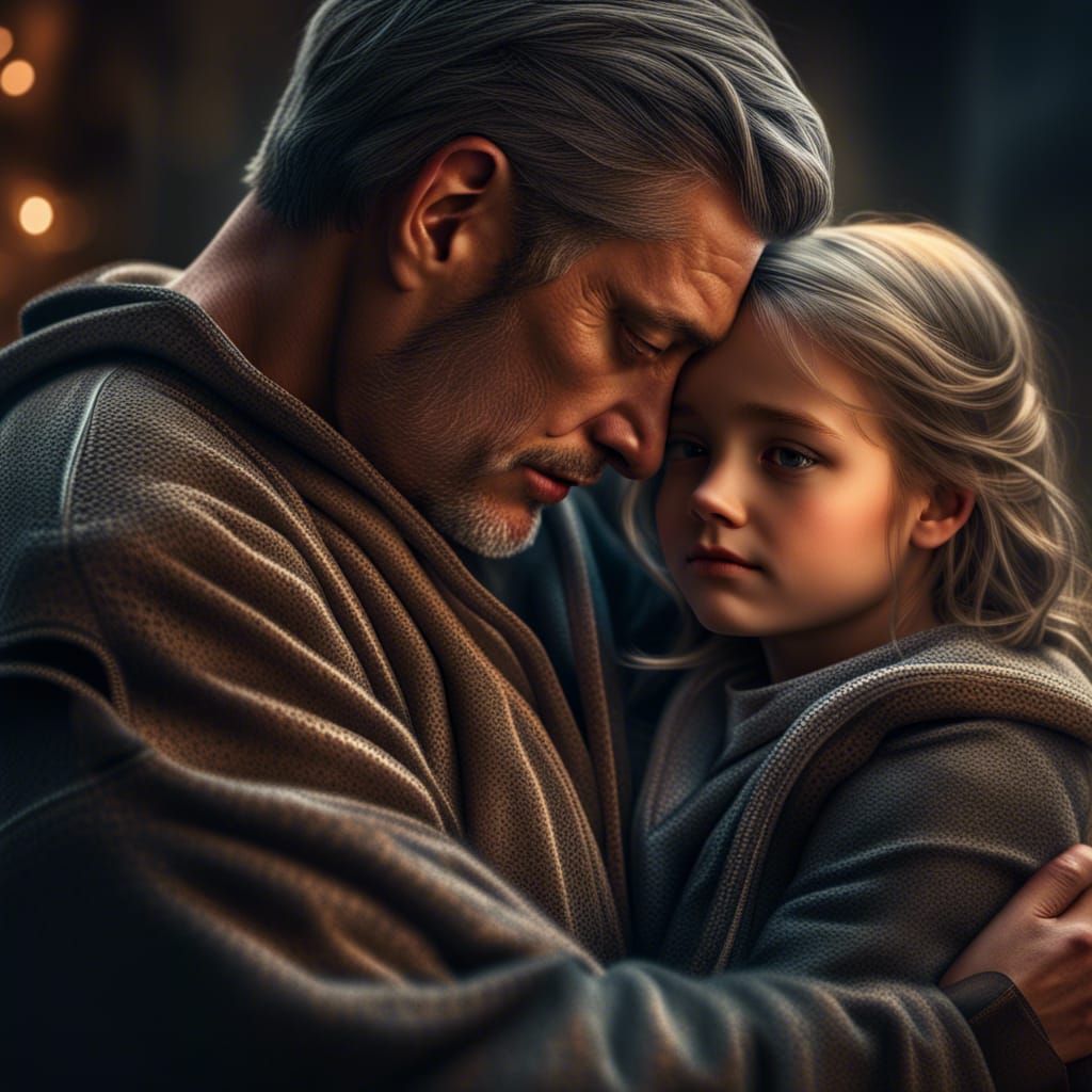 Father and Daughter: Hyperrealistic, High-Contrast Embrace