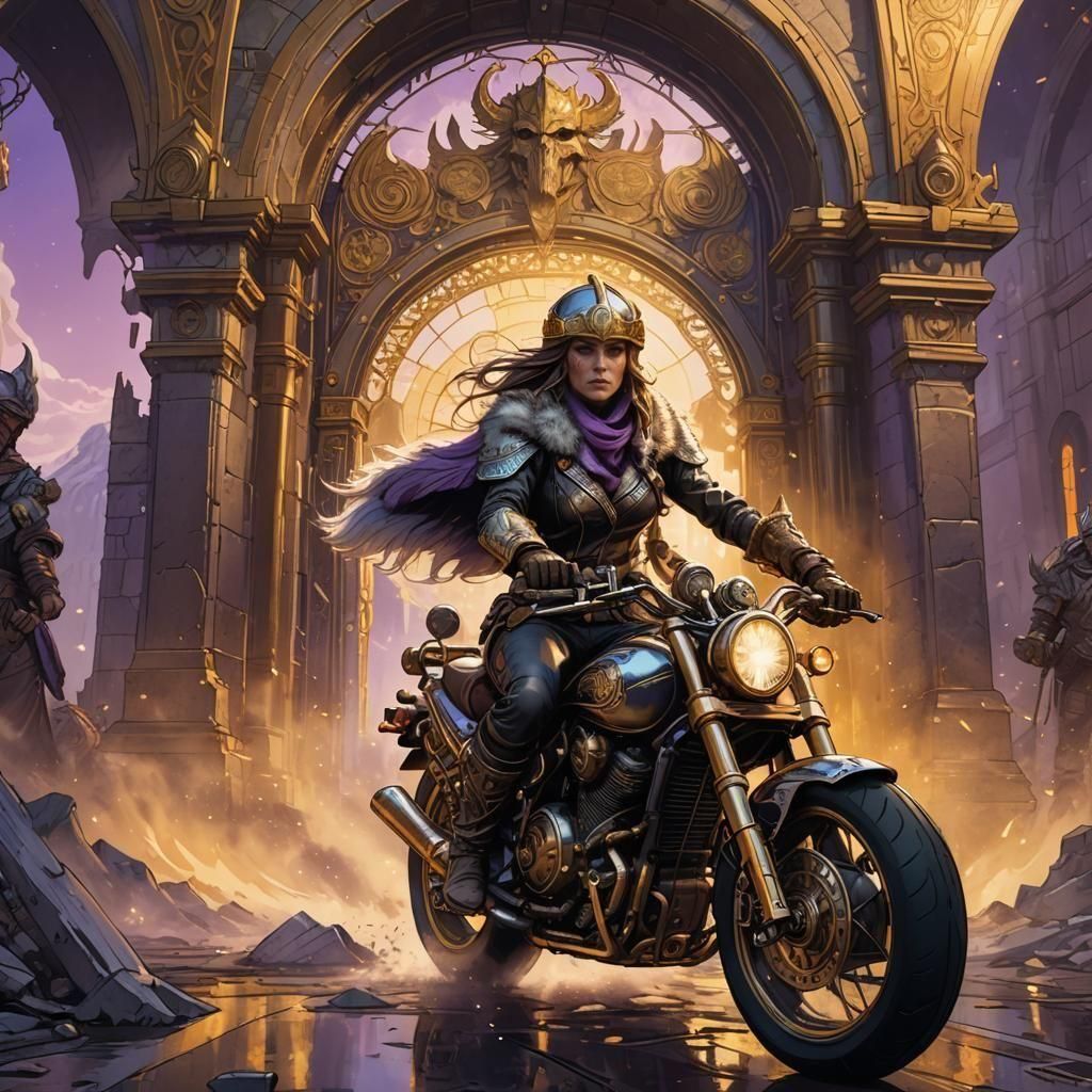 Viking Woman Rides Motorcycle to Valhalla: Dark Fantasy Art