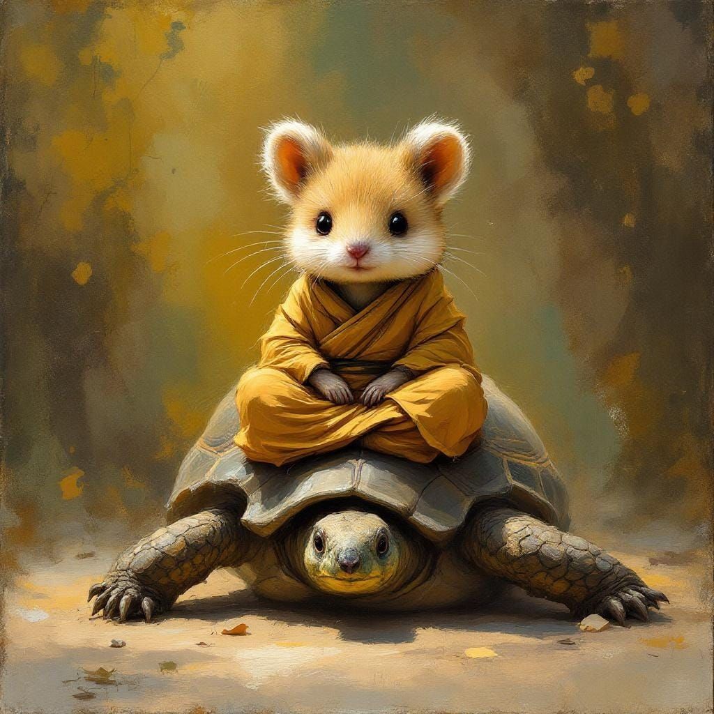 Chibi Quokka Monk Rides Giant Tortoise: Impressionistic Oil