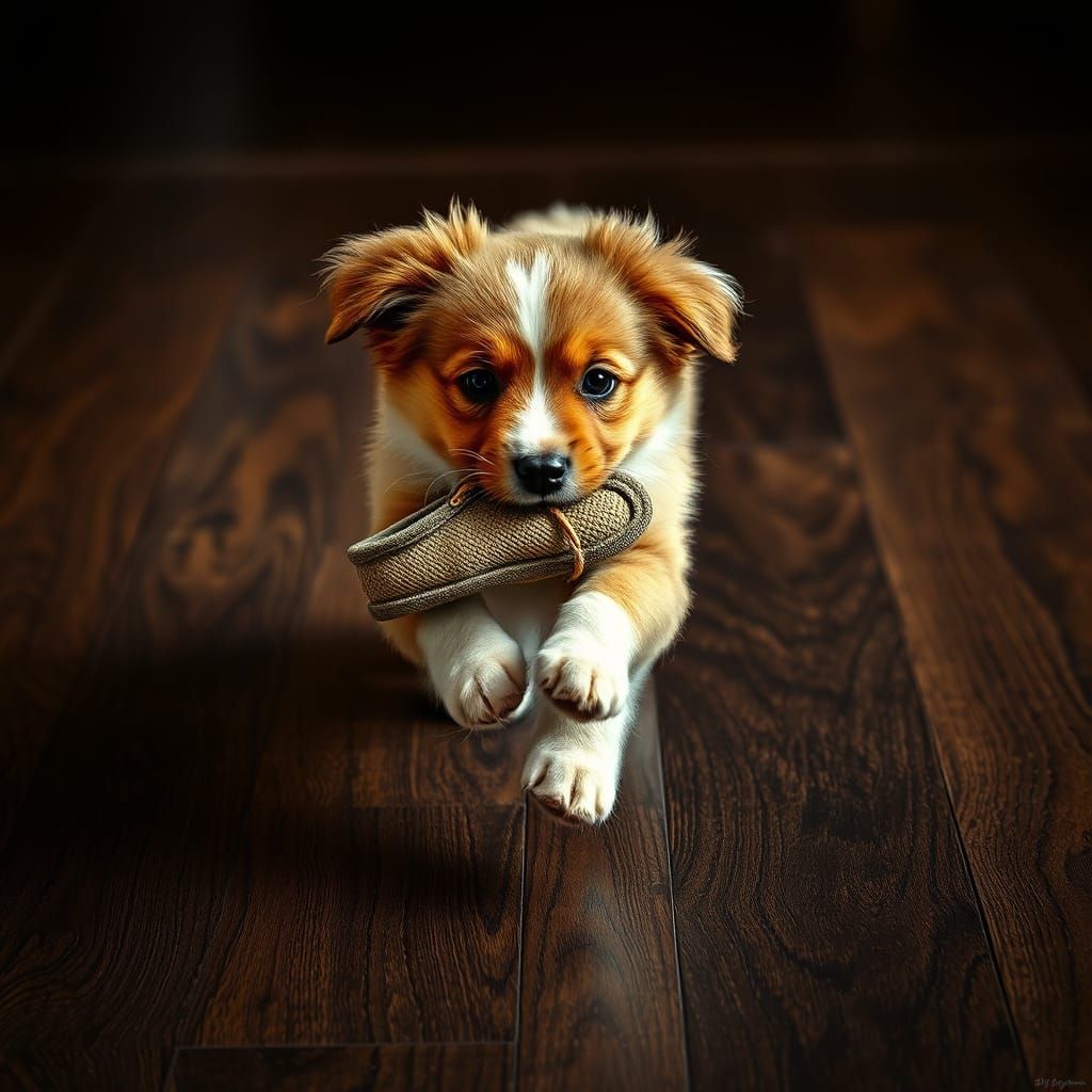 Joyful Puppy Steals Slipper in Playful Heist