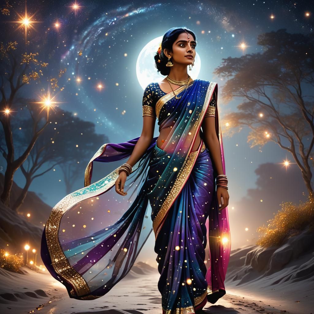 Bengali Woman on Starry Path: Fantasy Concept Art